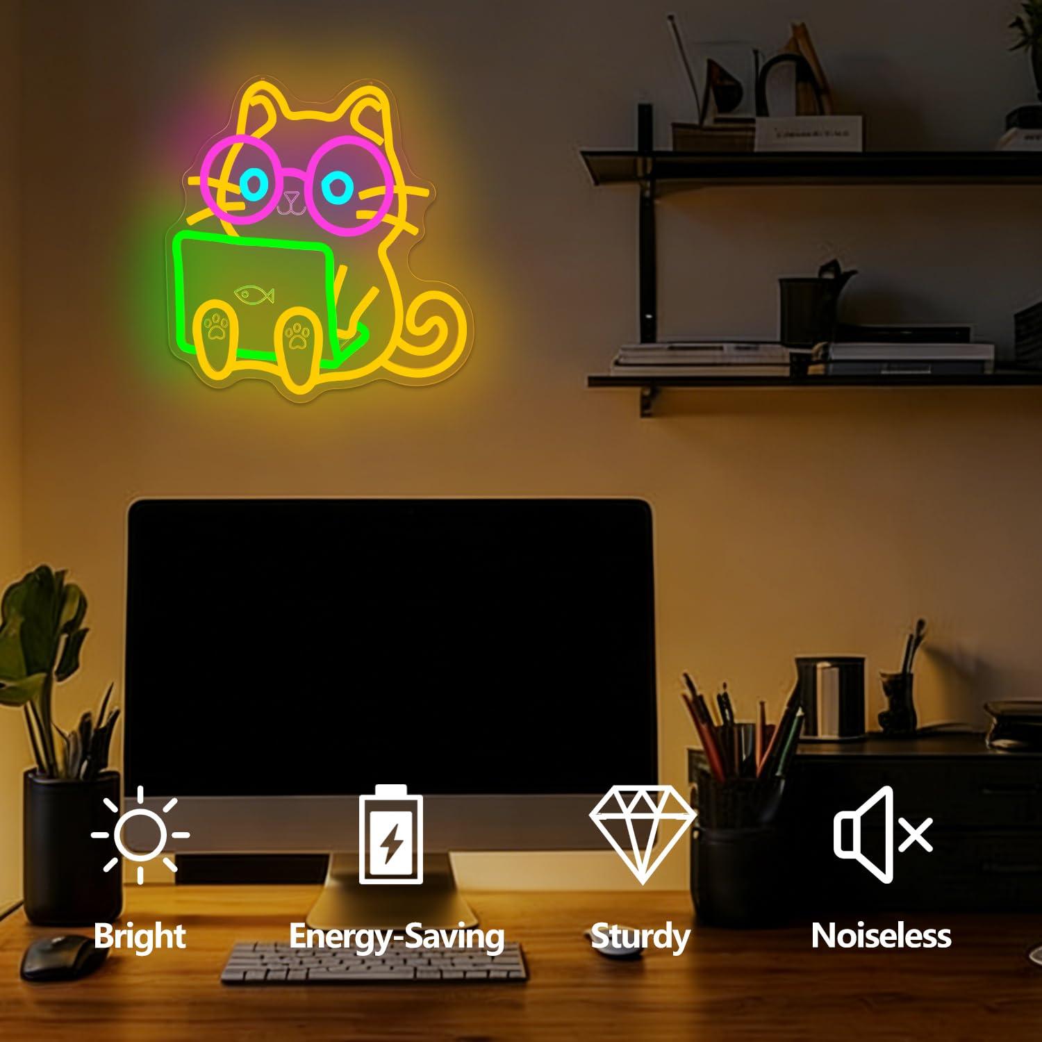Cat Laptop Neon Sign USB Dimma - Tech Office Wall Decor review and price