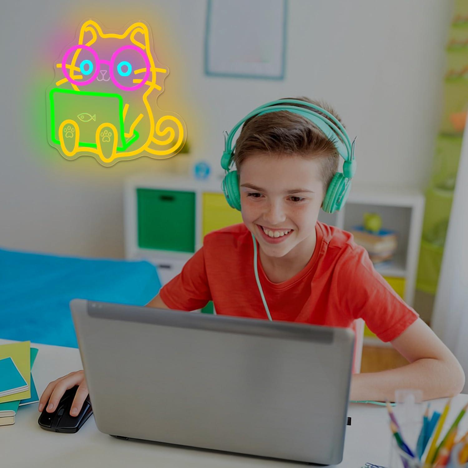 Cat Laptop Neon Sign USB Dimma - Tech Office Wall Decor review and price